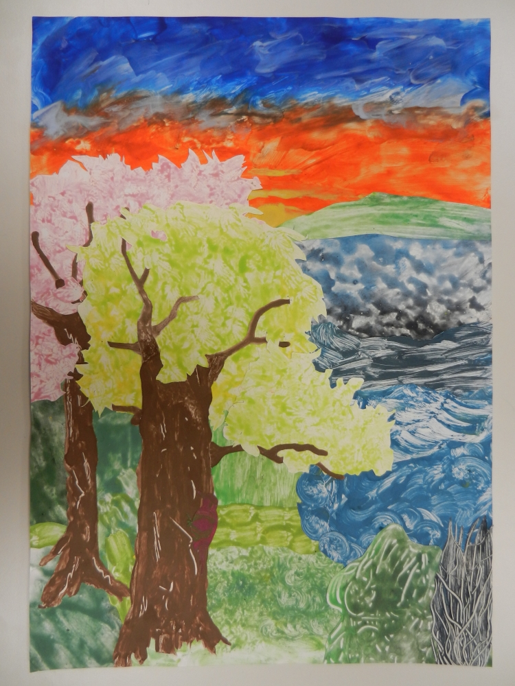 Alia Gurski Q2 Collage einer Landschaft mit farbigen Zufallsstrukturen aus Kleister und Pigmenten
