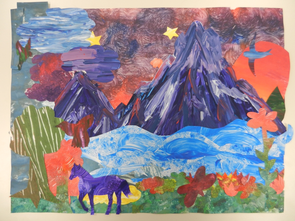Josephine Dirschus Q2 Collage einer Landschaft mit farbigen Zufallsstrukturen aus Kleister und Pigmenten