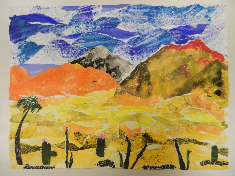 Melissa Hochwald Q2 Collage einer Landschaft mit farbigen Zufallsstrukturen aus Kleister und Pigmenten
