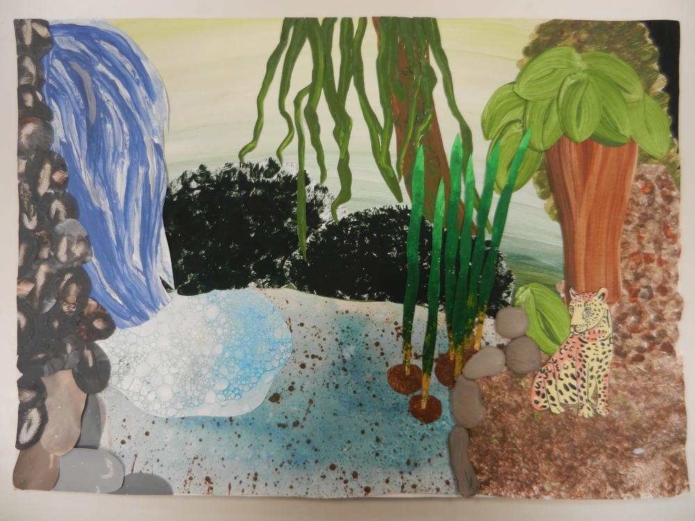 Paula Hebing Q2 Collage einer Landschaft mit farbigen Zufallsstrukturen aus Kleister und Pigmenten