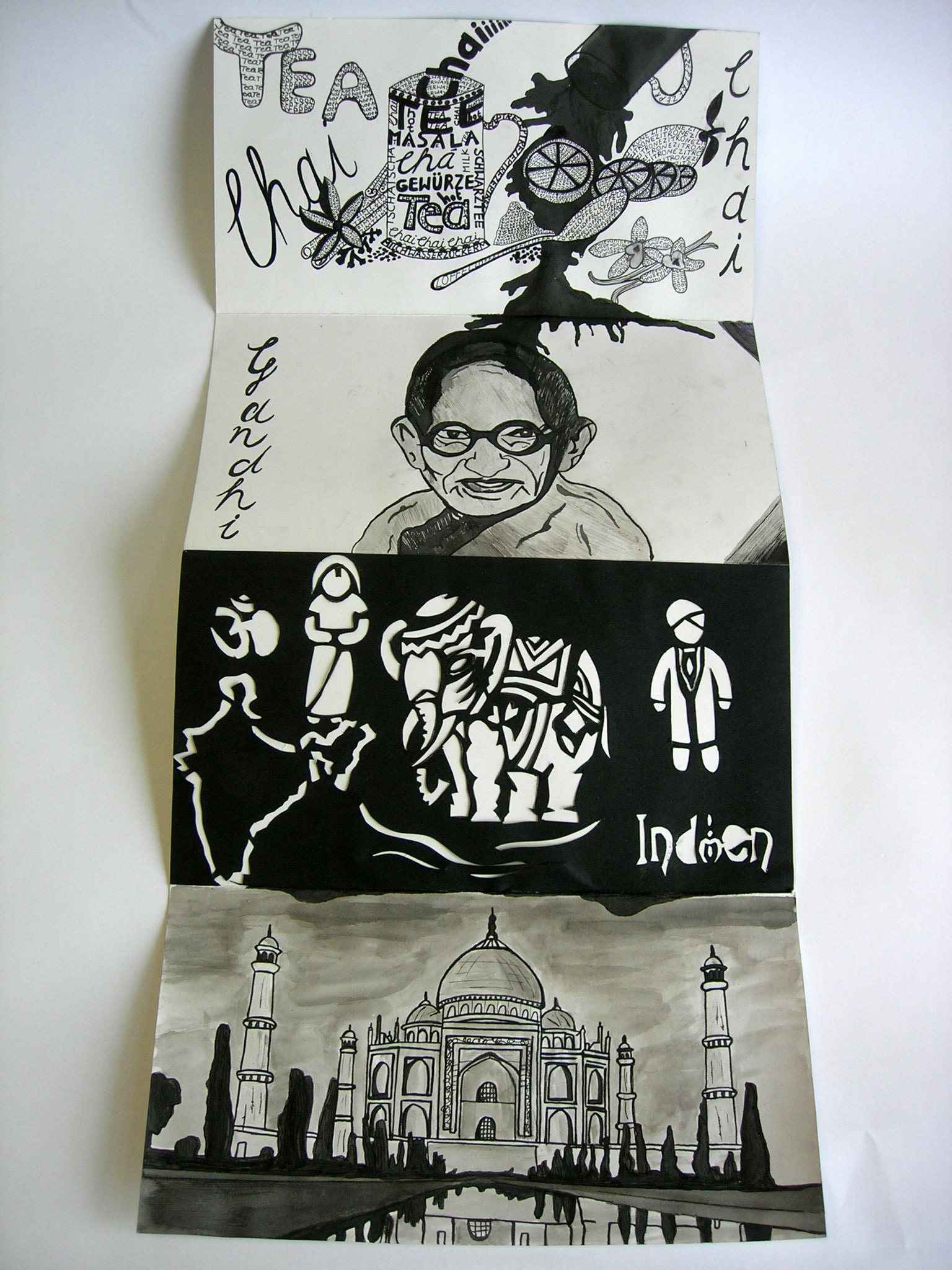 Textillustration Scherenschnitt und Tuschelavierung zu Indien - Janine PunessenQ2
